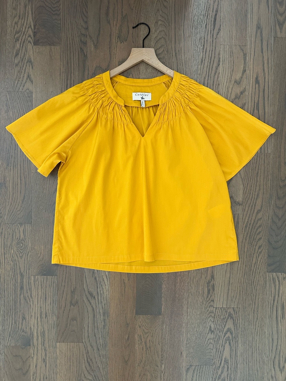 Cotélac Cotton Poplin Smocked Raglan Sleeve Blouse in Golden Yellow 1 / Small